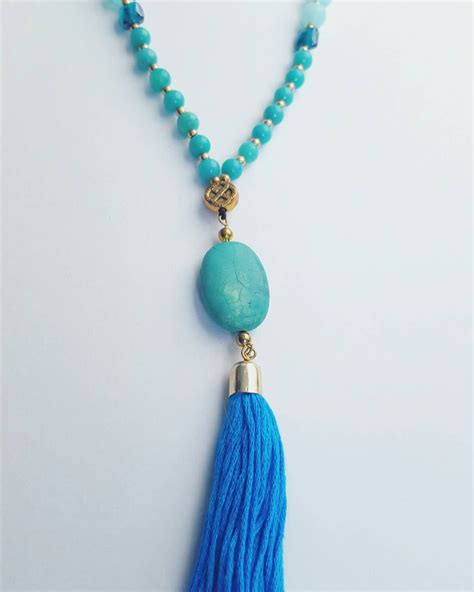 Bohemian Gemstone Tassel Necklace Large Turquoise Gemstone