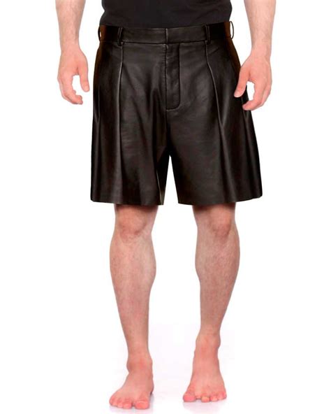 Mens Black Leather Shorts With Pleat Front