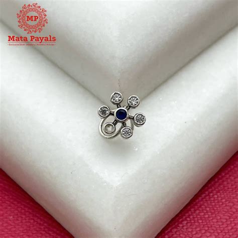 Silver Flower Blue Nose Pin Mata Payals Exclusive Silver Jewellery