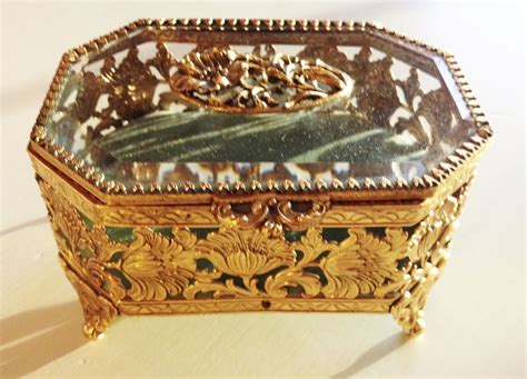 Vintage Gold Filigree Matson Jewelry Box Or Trinket Box With Beveled Glass