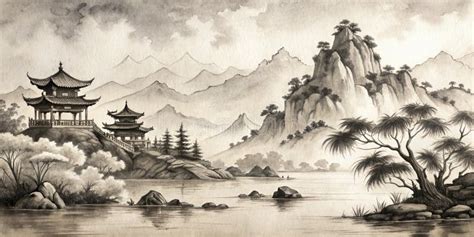 Ancient Asian Landscape Ink Drawing Generative by AI Stock Illustration ...