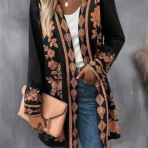 Full Geometric Pattern Open Front Cardigan Casual Colorblock Temu