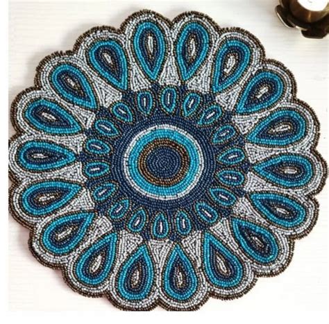 Glass Beaded Placemat In Peacock Feather Blue Colour Size Inch Dia