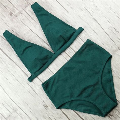 High Waist Bikinis Deep V Swimsuit Women Solid Bikini Set Padded