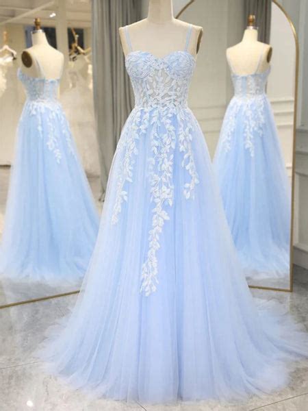 A Line Sweetheart Neck Light Blue Lace Long Prom Dresses Light Blue T