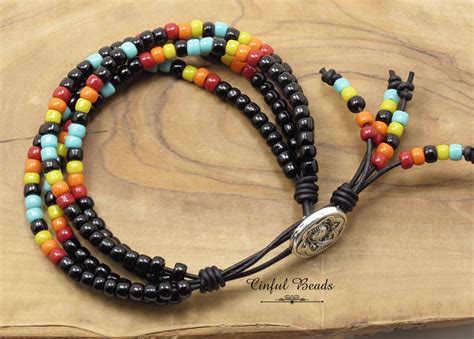 Black Seed Bead Leather Wrap Bracelet Beaded Boho Leather Etsy