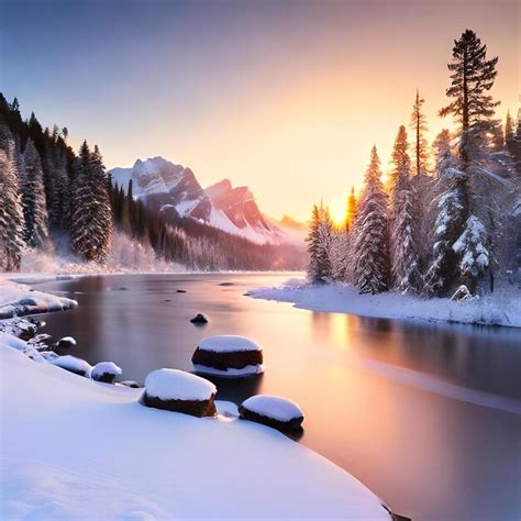 Premium AI Image | A river with snow covered mountains in the background