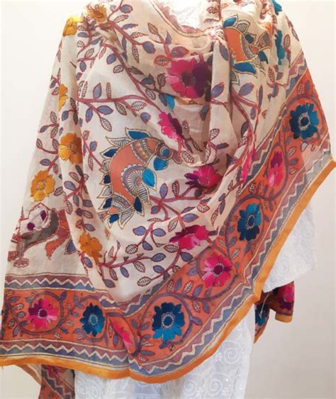 Phulkari Dupatta Chanderi Silk With Hand Embroidery And Kalamkari