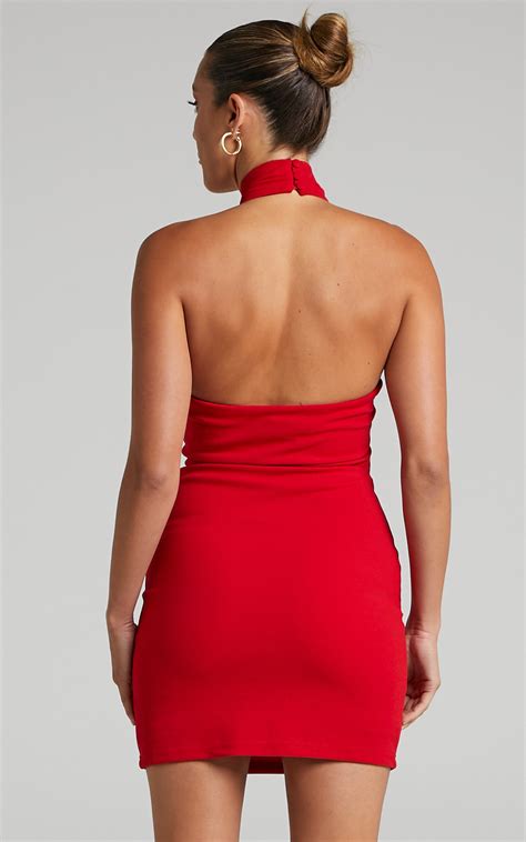 Sascha Keyhole Halter Neck Mini Dress In Red Showpo