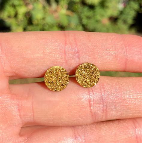 Gold Disc Earrings Druzy Earrings Gold Dot Earrings Sparkly Earrings