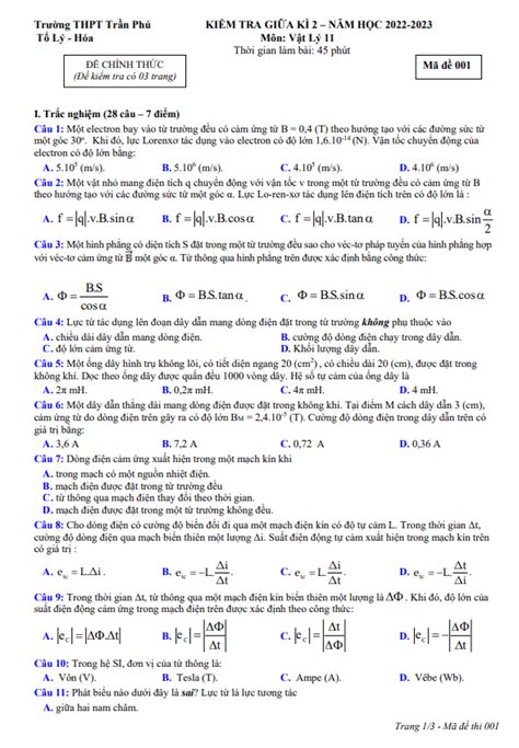 Đề giữa học kì 2 Vật lý 11 năm 2022 2023 trường THPT Trần Phú Phú