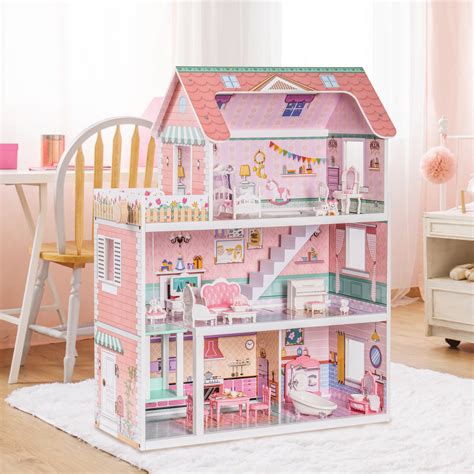 Irerts Doll Houses For Girls Wooden Doll House With 24pcs Furniture 3