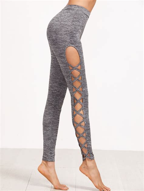 Marled Knit Cutout Lattice Detail Leggings Shein Sheinside