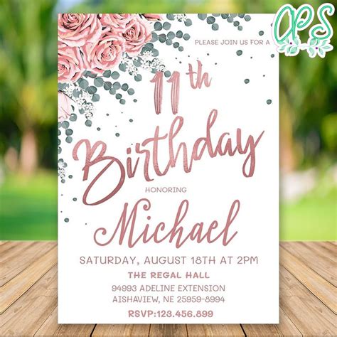 Editable Rose Gold 11th Birthday Invitation Instant Download