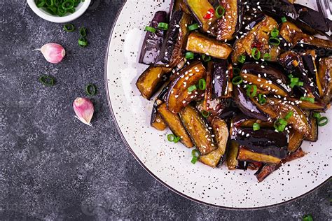 Hot Spicy Stew Eggplant In Korean Style With Green Onion Aubergine Saute Vegan Food Top View