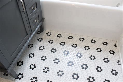 Black And White Vintage Hexagon Flower Tile In Bathroom From Home Depot