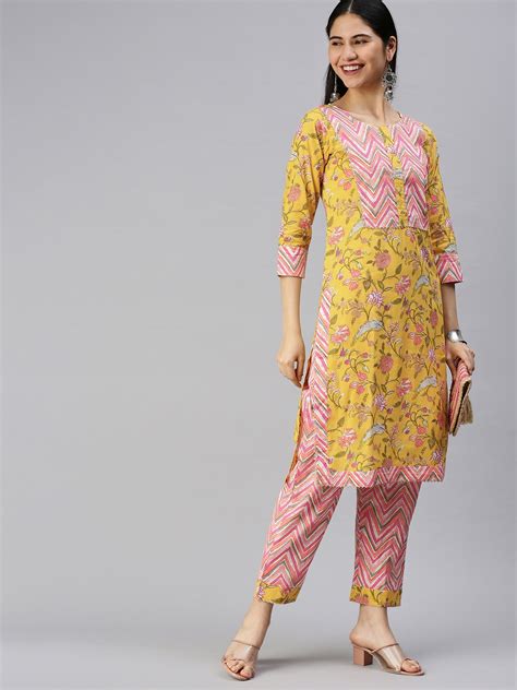 Buy Kalini Women Yellow Floral Printed Pure Cotton Kurta With Trousers