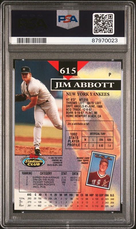 Topps Stadium Club Jim Abbott Psa Mint Rare Population