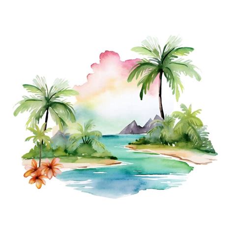 Premium AI Image A Watercolor Painting Of Palm Trees And Mountains