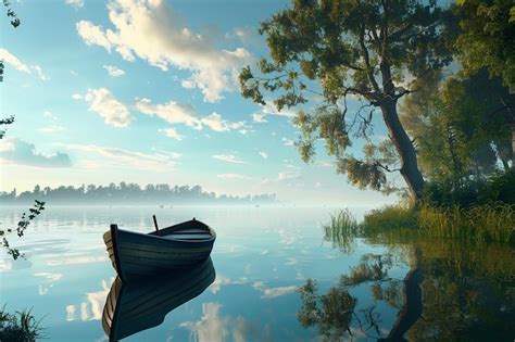 Premium Photo A Tranquil Rowboat Floating On A Calm Lake Surroun