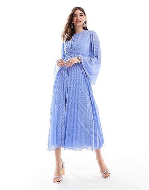 Asos Design Tie Back Fluted Sleeve Pleated Chevron Chiffon Midi Dress In Cornflower Blue Asos