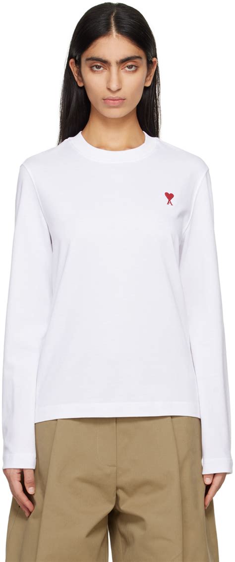 White Ami de Cœur Long Sleeve T Shirt by AMI Paris on Sale