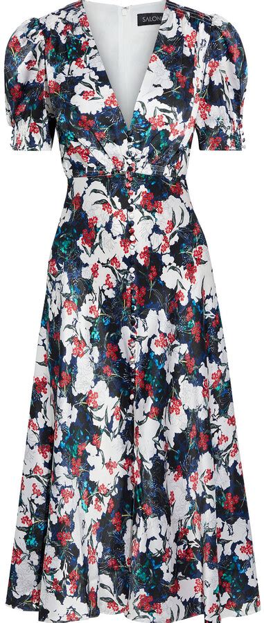 Saloni Lea Shirred Floral Print Silk Satin Midi Dress Shopstyle