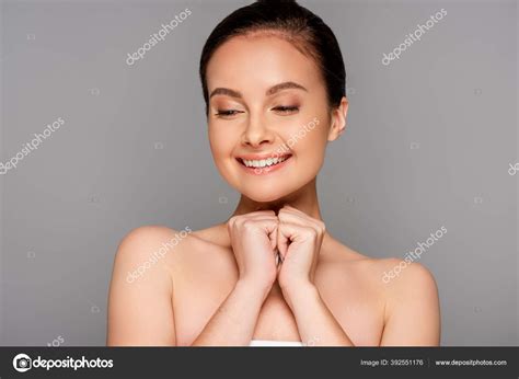 Happy Beautiful Naked Woman Perfect Skin Looking Isolated Grey Stock