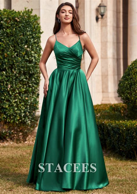 A Line V Neck Sleeveless Floor Length Satin Prom Dress With Pleated