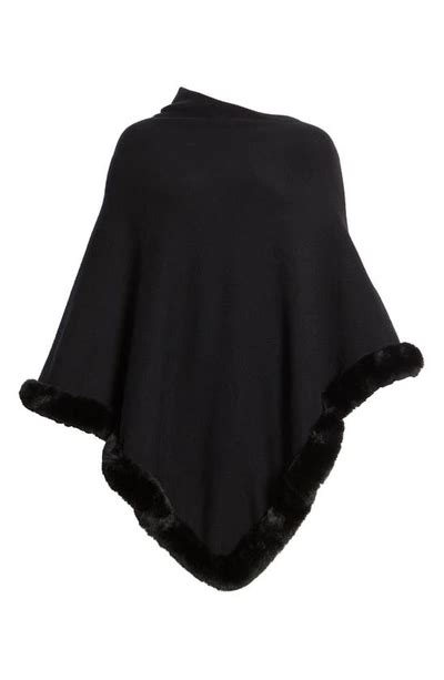 Ming Wang Faux Fur Trim Poncho In Black Modesens