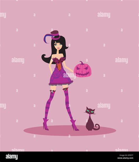 Beautiful Woman Witch Black Cat Stock Vector Images Alamy