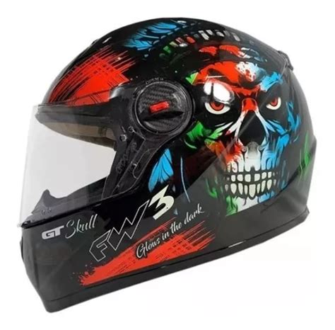 Capacete Fw Gt Skull Caveira Preto Fosco Brilha No Escuro