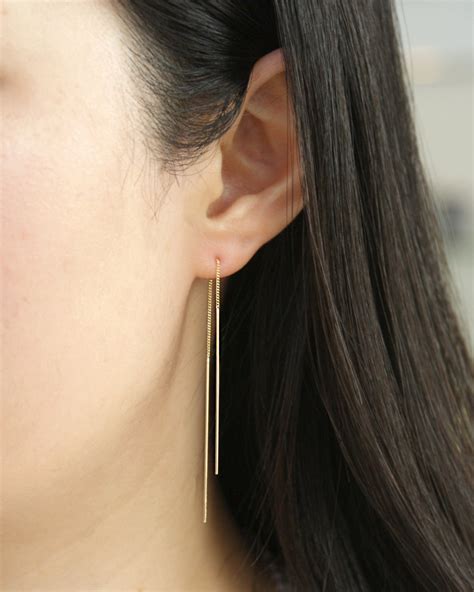 K Solid Gold Threader Earrings K Long Threader Earrings Etsy