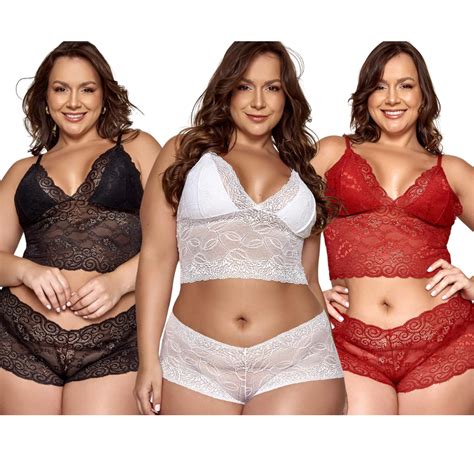 Kit 3 Conjunto Lingerie Renda Espera Marido Sensual Plus Size Cropped E