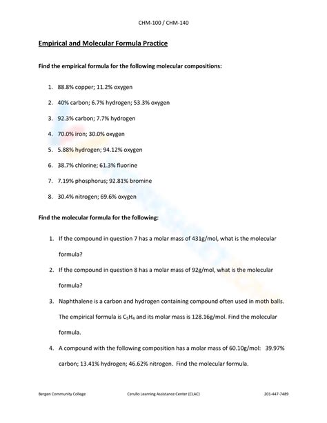 Free Empirical Molecular Formula Practice Worksheets