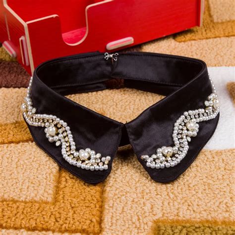 Autumn Womens False Collar Big Pearls Faux Cols Chiffon Fake Collar Tie