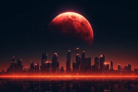 Premium AI Image A Red Moon Rises Over A Cityscape With A City In The