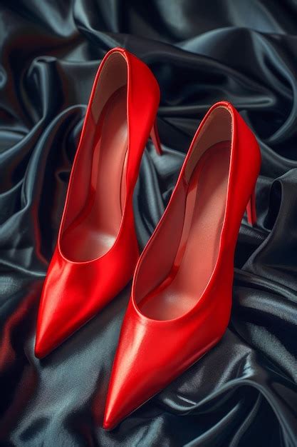 Premium Photo | Elegant Red High Heels on Luxurious Black Satin Fabric