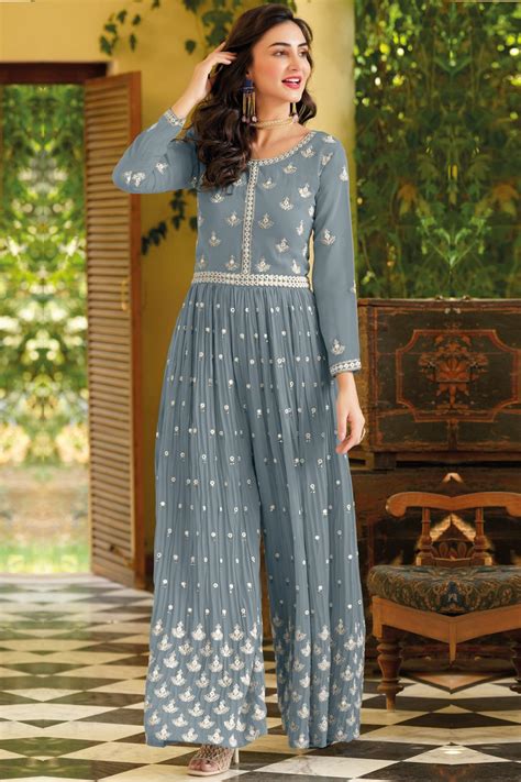 Buy Ready To Wear Soft Blue Embroidered Georgette Indo Western Jumpsuit