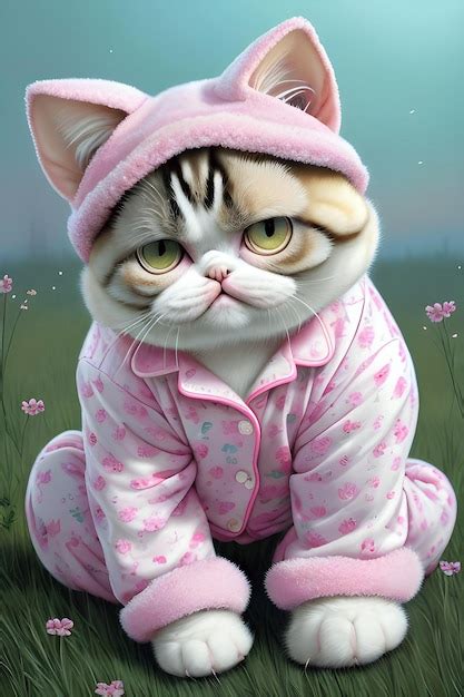 Premium Photo A Cat In Pajamas With A Pink Hat And Green Eyes Sits On