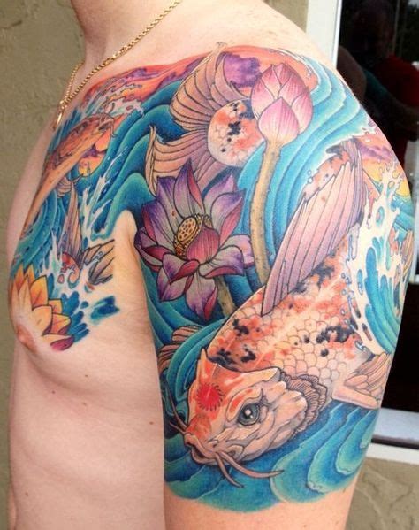 Colorful Koi Tattoo With Waves And Flowers Koi Fish Tattoo Koi