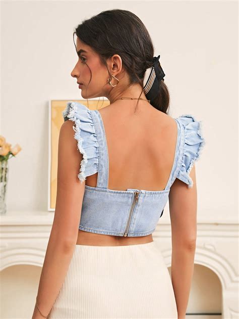 Shein Frenchy Ruffle Trim Crop Denim Top Shein Usa