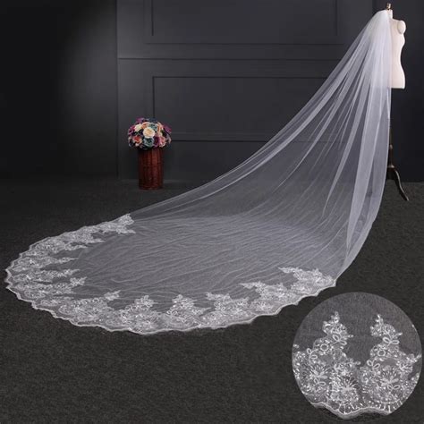 New 4m White Ivory Cathedral Wedding Veils Long Lace Edge Bridal Veil With Comb Wedding