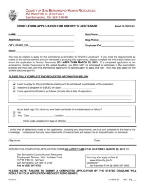 Fillable Online Sbcounty Short Form Application For Lieutenant County