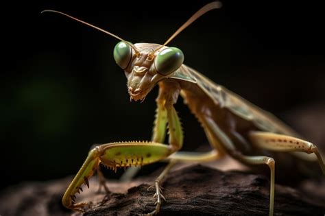 Una Mantis Religiosa Se Sienta En Un Tronco Con Un Fondo Negro Foto