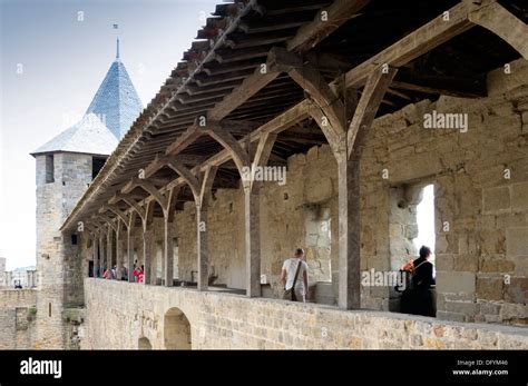 Carcassonne fortress or castle inside the old walled town. Citadel walls and towers Stock Photo ...