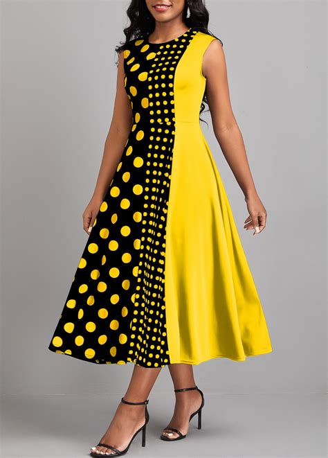 Rotita Umbrella Hem Geometric Print Yellow Round Neck Dress Rotita