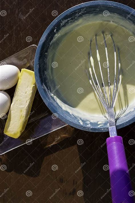 Flour Egg And Milk And Butter Essential Ingredients For Making Hot Cakes Stock Image Image