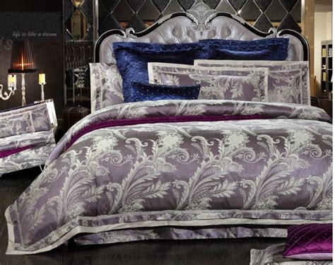 Queenandking Luxury Purple Silver Elegant 6pcs Bedding Set Tribute Silk