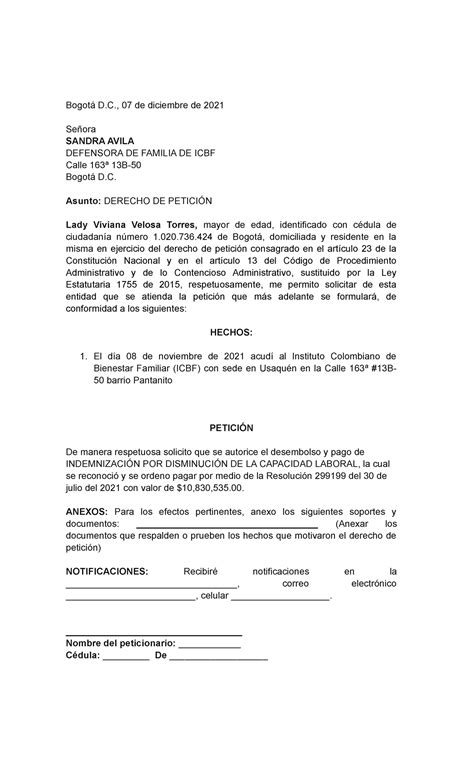 1349 modelo derecho de peticion Bogotá D 07 de diciembre de 2021